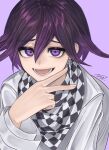  1boy absurdres checkered_clothes checkered_neckerchief checkered_neckwear danganronpa_(series) danganronpa_v3:_killing_harmony eyebrows_visible_through_hair hair_between_eyes highres lower_teeth neckerchief open_mouth ouma_kokichi purple_background purple_eyes purple_hair senya_oekaki simple_background smile solo teeth v 