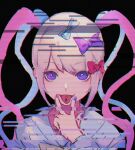  1girl @_@ artist_request black_background blue_hair blue_nails bow chouzetsusaikawa_tenshi-chan eyebrows_visible_through_hair glitch hair_bow highres looking_at_viewer multicolored_eyes multicolored_hair multicolored_nails multiple_hair_bows needy_girl_overdose noise pill pill_on_tongue pink_hair pink_nails quad_tails sailor_collar scanlines sidelocks simple_background smile solo source_request tongue tongue_out upper_body v v_over_mouth white_hair 