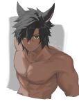  1boy animal_ears avatar_(ff14) black_hair cat_boy closed_mouth collarbone cropped_arms cropped_torso dark-skinned_male dark_skin dated final_fantasy final_fantasy_xiv green_eyes looking_at_viewer male_focus miqo&#039;te mn_(zig_r14) nude pectorals short_hair solo toned toned_male twitter_username upper_body 