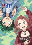  1boy 1girl black_blouse blouse boku_no_hero_academia breasts brown_eyes brown_hair choker cleavage couple earrings floor green_eyes green_hair headphones hetero highres hinari080812 jacket jewelry looking_at_another lying midoriya_izuku on_back red_jacket uraraka_ochako 