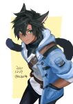  1boy animal_ears avatar_(ff14) bangs belt black_hair black_pants black_sweater black_tail blue_jacket border brown_belt buckle cat_ears cat_tail chest_belt closed_mouth commentary_request cowboy_shot crossed_bangs dark-skinned_male dark_skin final_fantasy final_fantasy_xiv green_eyes hair_between_eyes hands_in_pockets jacket leaning_forward looking_at_viewer making-of_available male_focus miqo&#039;te mn_(zig_r14) open_clothes open_jacket outside_border pants ribbed_sweater scar scar_on_cheek scar_on_face shirt short_hair sleeves_rolled_up solo split_mouth sweater tail toned toned_male turtleneck turtleneck_sweater twitter_username v-shaped_eyebrows white_border white_shirt yellow_background 