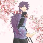  1boy absurdres branch fengxi_(the_legend_of_luoxiaohei) flower from_behind highres long_hair long_sleeves looking_at_viewer looking_back pink_flower pointy_ears purple_eyes purple_hair route7sdr solo the_legend_of_luo_xiaohei 