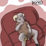  1:1 absurd_res anthro bodily_fluids bovid caprine diaper eyes_closed fur furniture genital_fluids goat grey_body grey_fur hi_res horn leaking_diaper male male/male mammal on_sofa onesie rubbing_crotch sitting sitting_on_sofa sofa solo thyro urine watersports wet_diaper wetting 