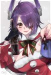  1girl black_gloves blush bottle breasts brown_eyes cleavage eyebrows_visible_through_hair eyepatch fang gloves hair_over_one_eye highres holding holding_bottle kantai_collection large_breasts long_sleeves looking_at_viewer mizoredama1 parted_lips purple_hair santa_costume short_hair single_glove smile solo tenryuu_(kancolle) upper_body wine_bottle 