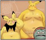  2022 anthro band-aid bandage belly blush bodily_fluids comic english_text genitals hi_res male moobs navel nintendo nipples overweight overweight_male penis pichu pikachu pok&eacute;mon pok&eacute;mon_(species) sweat text trashtoonz venusaur video_games young 