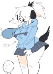  ambiguous_gender anthro big_breasts bodily_fluids bottomwear breasts canid canine canis clothing domestic_dog duo fangs female floppy_ears hair hair_over_eye hi_res hoodie larger_female long_legs mammal one_eye_obstructed open_mouth puppychan puppychan48 size_difference skirt smaller_ambiguous smile solo solo_focus sweat tall topwear 