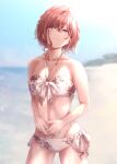  1girl absurdres bangs beach bikini blurry blurry_background breasts brown_hair collarbone commentary_request cowboy_shot day eyebrows_visible_through_hair floral_print front-tie_bikini front-tie_top hair_between_eyes halter_top halterneck highres higuchi_madoka idolmaster idolmaster_shiny_colors looking_at_viewer mole mole_under_eye navel purple_eyes short_hair side-tie_bikini small_breasts solo swimsuit tonguewasabi wet wet_hair white_bikini 