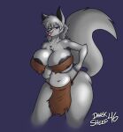  anthro big_breasts big_ears black_nipples black_nose bottomwear breasts canid canine canis chloe_(iamaneagle) clothing darksheep46 eyebrow_through_hair eyebrows eyes female female/female fluffy fluffy_tail grey_body grey_hair hair happy hi_res humanoid loincloth mammal navel nipples purple solo the_jungle_book thick thighs tongue tongue_out translucent translucent_hair wide wide_hips wolf 