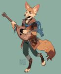  anthro bottomwear canid canine clothed clothing digitigrade fox green_background lute male mammal morteraphan musical_instrument pants plucked_string_instrument simple_background solo string_instrument 