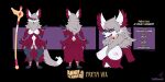  2022 annie_and_the_mirror_goat anthro black_body black_fur breasts canid canine catcouch choker english_text facial_markings fak&eacute;mon female fox freya_vix fur fur_cloak fur_clothing genitals gold_(metal) gold_jewelry grey_body grey_fur head_markings hi_res jewelry leg_markings mammal markings maroon_fur mask_(marking) model_sheet necklace paws pussy red_eyes socks_(marking) solo text vixult white_body white_fur wildmons_(catcouch) 