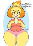  absurd_res animal_crossing anthro blonde_hair breasts canid canine canis cleavage clothed clothing derp_eyes dialogue domestic_dog hair hi_res isabelle_(animal_crossing) jhenightfox mammal nintendo shih_tzu thick_thighs toy_dog video_games wide_hips 