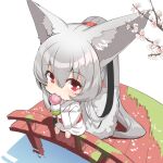  1girl animal_ear_fluff animal_ears bangs barefoot branch bridge chibi commentary_request dango eyebrows_visible_through_hair flower food fox_ears fox_girl fox_tail full_body grey_hair hair_between_eyes highres holding holding_food japanese_clothes kimono long_hair long_sleeves looking_at_viewer obi original ponytail red_eyes sanshoku_dango sash solo tail very_long_hair wagashi water white_background white_flower white_kimono wide_sleeves yuuji_(yukimimi) 