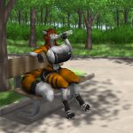  1:1 absurd_res anthro avoxion bench big_breasts bottomwear breasts canid canine cleavage clothed clothing curvy_figure drinking female footwear fox fur green_eyes hair hi_res huge_breasts long_hair mammal orange_body orange_fur park red_hair shorts sitting solo sportswear stripes wide_hips 