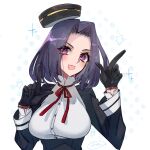  1girl black_dress black_gloves breasts dress gloves hair_intakes index_finger_raised kantai_collection large_breasts looking_at_viewer mechanical_halo mizoredama1 one-hour_drawing_challenge purple_eyes purple_hair short_hair smile solo tatsuta_(kancolle) upper_body white_background 