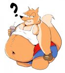  2019 ? anthro belly big_belly bottomwear canid canine clothed clothing food fox fur half-closed_eyes hi_res holding_food holding_object humongous_entertainment looking_at_viewer male mammal narrowed_eyes navel obese obese_anthro obese_male orange_body orange_fur overweight overweight_anthro overweight_male raised_tail sharkvore shirt shorts solo spy_fox spy_fox_(series) standing tank_top topwear video_games 