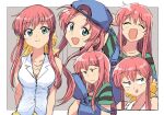  1girl :d backwards_hat baseball_cap breasts casual character_request cleavage collarbone copyright_request eyebrows_visible_through_hair green_eyes green_shirt hair_ribbon hat jewelry medium_breasts multiple_views necklace open_mouth overalls pink_hair ribbon shirt smile striped striped_shirt tsubobot white_shirt yellow_ribbon 