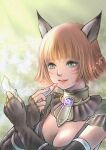  1girl animal_ears aqua_eyes artist_name avatar_(ff11) bangs black_gloves breasts cat_ears cat_girl cleavage cosmetics elbow_gloves eyelashes facial_mark final_fantasy final_fantasy_xi fingerless_gloves fingernails gloves hands_up highres holding holding_lipstick_tube lipstick lipstick_tube makeup medium_breasts mithra_(ff11) nail_polish orange_hair orange_lips orange_lipstick_tube parted_bangs parted_lips pink_nails piyoco short_hair smile solo sparkle upper_body whisker_markings 