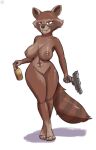  2002 big_breasts breasts brown_body brown_fur digital_media_(artwork) fur genitals guardians_of_the_galaxy gun hi_res holding_gun holding_object holding_weapon mammal marvel nexcoyotlgt procyonid pussy raccoon ranged_weapon rocket_raccoon simple_background weapon white_background 