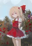  1girl :/ absurdres arms_behind_back ascot blonde_hair blue_sky blush bow bush cowboy_shot expressionless eyebrows_visible_through_hair flandre_scarlet from_side hair_between_eyes hair_bow highres long_hair looking_at_viewer looking_to_the_side miniskirt no_lineart one_side_up outdoors petticoat plant puffy_short_sleeves puffy_sleeves red_bow red_eyes red_skirt red_vest reddizen rose_bush short_sleeves skirt skirt_set sky solo touhou vest yellow_ascot 