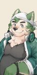  absurd_res anthro bandanna belly canid canine canis clothing coooldt domestic_dog eyebrows fur green_body green_fur headphones_only hi_res jacket kerchief lifewonders live-a-hero male mammal mokdai musclegut pecs smile solo thick_eyebrows topwear video_games 