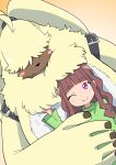  absurd_res angoramon anthro baitotackey bandai_namco blush blush_stickers brown_hair digimon digimon_(species) digimon_ghost_game duo female fur hair hair_over_eyes hi_res human long_ears male mammal ruri_tsukiyono size_difference yellow_body yellow_fur 