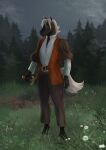  absurd_res anthro black_body black_fur cinnamomo equid equine fog forest fur grass green_eyes hair hi_res holding_object holding_weapon horse male mammal mane melee_weapon plant solo standing sword tan_hair tree weapon white_hair white_mane 