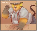  2022 anthro belly black_nose clothing comic english_text eyes_closed hat headgear headwear hi_res humanoid_hands male nintendo orange_body overweight overweight_male pok&eacute;mon pok&eacute;mon_(species) raichu shirt solo suspenders text topwear trashtoonz video_games 