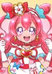  1girl bow choker cure_precious delicious_party_precure earrings fighiro gloves hair_bow hair_cones heart_brooch highres huge_bow jewelry kome-kome_(precure) magical_girl nagomi_yui open_mouth pink_choker pink_hair precure purple_eyes red_bow smile upper_body white_gloves 