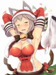  1girl 1other :3 animal_ears armpits arms_behind_head arms_up blush breasts christmas claw_(weapon) claws collar commentary_request ears_through_headwear erune fangs gloves granblue_fantasy heart heart-shaped_pupils highres holding holding_towel large_breasts long_hair looking_at_viewer open_mouth sen_(granblue_fantasy) shinoshinosp silver_hair simple_background skirt solo_focus sweat symbol-shaped_pupils towel weapon white_background 