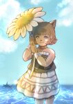  1girl animal_ears artist_name bangs bare_shoulders blue_sky blunt_bangs brown_choker brown_hair cat_ears choker closed_mouth cloud day final_fantasy final_fantasy_xi flower hands_up highres holding holding_flower lens_flare light_blue_eyes mithra_(ff11) ocean piyoco skirt sky smile solo strapless water white_flower 