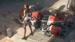  1girl absurdres aircraft ass bodysuit brown_hair canister cigarette full_body gas_station gloves helmet highres holding holding_helmet long_hair motorcycle_helmet original sanghyun_kam science_fiction solo standing 