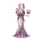  1girl absurdres anbe_yoshirou bangs bare_shoulders bouquet breasts brown_eyes cleavage commentary_request dress fire_emblem fire_emblem_awakening fire_emblem_heroes floating floating_object flower full_body hair_flower hair_ornament highres holding long_dress long_hair looking_at_viewer medium_breasts official_art open_mouth robin_(fire_emblem) robin_(fire_emblem)_(female) shiny shiny_hair simple_background sleeveless sleeveless_dress smile solo standing tied_hair twintails white_background white_hair 