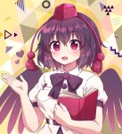  1girl :d abstract_background bangs belt bird_wings black_belt black_bow black_bowtie black_hair black_wings blush bow bowtie breast_pocket breasts buttons caramell0501 collared_shirt commentary_request eyebrows_visible_through_hair eyelashes feathered_wings hat heart highres holding holding_notebook large_breasts looking_at_viewer notebook open_mouth pen pocket red_eyes red_headwear shameimaru_aya shirt short_hair short_sleeves smile solo tokin_hat touhou upper_body white_shirt wing_collar wings 