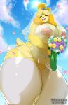  absurd_res animal_crossing anthro areola belly big_breasts black_nose blonde_hair bouquet breasts canid canine canis chubby_anthro chubby_female clothing cloud domestic_dog dress eyes_closed female flower hair happy hi_res isabelle_(animal_crossing) mammal navel nintendo nipples open_mouth open_smile outside plant princess_samoyed shih_tzu sky slightly_chubby smile solo toy_dog video_games wedding_dress yellow_body yellow_tail 