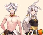  1boy 1girl animal_ears arch_bishop_(ragnarok_online) bangs belt black_belt blue_eyes blush breasts championship_belt cleavage cleavage_cutout closed_mouth clothes_around_waist clothing_cutout commentary_request cross dog_ears dress eyebrows_visible_through_hair grey_hair jewelry kiribox long_hair looking_at_viewer medium_breasts necklace nipples open_mouth rabbit_ears ragnarok_online red_eyes sash shirt shirt_around_waist short_hair simple_background sura_(ragnarok_online) topless_male two-tone_dress upper_body white_dress white_shirt yellow_background yellow_sash 