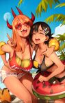  2girls absurdres beach bikini black_bikini blonde_hair blue_sky breasts chainsaw_man closed_eyes commentary demon demon_girl demon_horns dog english_commentary food food_insertion friends fruit higashiyama_kobeni highres horns innertube jewelry khyle. lemon multiple_girls multiple_horns object_insertion palm_tree patreon_logo patreon_username pochita_(chainsaw_man) power_(chainsaw_man) red_horns red_shirt red_tank_top ring sharp_teeth shirt shorts sky summer sunglasses swimsuit tank_top teeth thighs tongue tongue_out tree watermelon white_shorts 