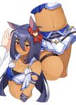  1boy 1girl absurdres animal_ears arm_wrap bangs blue_hair blue_ribbon blush breasts choker cleavage closed_mouth collarbone commentary crop_top ear_ornament eyebrows_visible_through_hair fang hair_between_eyes hair_ornament hairclip highres hishi_amazon_(umamusume) horse_ears horse_girl long_hair long_sleeves lower_body medium_breasts midriff miniskirt multiple_views navel pirukusu pleated_skirt red_eyes red_scrunchie ribbon scrunchie shirt sidelocks simple_background skin_fang skirt sweat tan thigh_strap trainer_(umamusume) umamusume upper_body white_background white_choker white_shirt white_skirt 