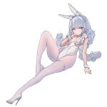 1girl animal_ear_fluff animal_ears azur_lane bangs bare_shoulders between_breasts blunt_bangs braid breasts choker closed_mouth english_commentary expressionless eyebrows_visible_through_hair eyelashes frills full_body high_heels highleg highleg_leotard knee_up le_malin_(azur_lane) le_malin_(listless_lapin)_(azur_lane) leotard looking_at_viewer multicolored_eyes sdustz simple_background small_breasts solo thigh_strap twin_braids white_background white_choker white_hair white_legwear white_leotard wrist_cuffs 