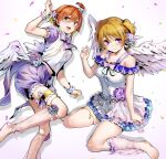  2girls angel_wings barefoot breasts brown_hair garter_straps highres hoshizora_rin koizumi_hanayo large_breasts love_live! love_live!_school_idol_project multiple_girls nakano_maru open_mouth orange_hair purple_eyes ribbon see-through simple_background small_breasts smile white_background wings yellow_eyes 