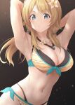  1girl absurdres ahoge arms_behind_head bikini blonde_hair blue_eyes breasts cleavage cowboy_shot flower hachimiya_meguru hair_flower hair_ornament hairclip highres idolmaster idolmaster_shiny_colors jewelry large_breasts layered_bikini looking_at_viewer low_twintails necklace solo sweat swimsuit tonguewasabi twintails 