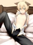  1boy animal_ears arms_behind_back bangs black_pants blonde_hair blush cat_ears closed_mouth commentary_request feet_out_of_frame green_hair high_wizard_(ragnarok_online) kiribox looking_at_viewer male_focus nipples on_bed open_clothes open_shirt pants pillow ragnarok_online shirt short_hair sleeveless sleeveless_shirt solo white_shirt 
