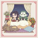  2boys black_hair bright_pupils couch curtains diting_(the_legend_of_luoxiaohei) eating flower food fruit green_eyes green_hair highres horns lanxi_zhen mokyau030 multiple_boys orange_(fruit) pillow plant pointy_ears potted_plant purple_eyes rug shooting_star single_horn the_legend_of_luo_xiaohei white_flower white_pupils window xuan_li_(the_legend_of_luoxiaohei) 