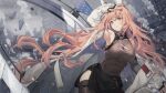  1girl animal_ears arm_up armpits baseness black_legwear black_skirt breasts cat_ears chinese_commentary cleavage commentary_request cowboy_shot girls&#039;_frontline_neural_cloud highres labcoat large_breasts persicaria_(girls&#039;_frontline_nc) pink_eyes pink_hair ribbed_shirt shirt side_slit skindentation skirt sleeveless sleeveless_shirt sleeves_past_wrists solo thighhighs torn_clothes torn_shirt weibo_username 