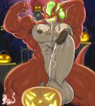  abs anthro balls big_balls big_muscles big_pecs big_penis bodily_fluids colored_fire dragon erection fire flaming_hair flexing genital_fluids genitals glowing glowing_eyes green_fire green_hair hair halloween hi_res holidays huge_balls huge_penis hyper hyper_genitalia hyper_penis long_tongue male masterelrest muscular muscular_anthro muscular_male night nipples nude pecs penis precum pseudo_hair red_body solo tongue tongue_out 