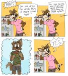  2022 4_fingers annoyed anthro antlers appliance band-aid bandage biped black_nose blep bottle bottomwear brown_body brown_fur canid canine canis cervid cheek_tuft claws clothed clothing collar comic darwin_(tinydeerguy) dialogue digital_media_(artwork) dipstick_tail domestic_dog duo elbow_tufts english_text eyebrows facial_tuft finger_claws fingers food fridge fully_clothed fur gloves_(marking) green_clothing green_shirt green_topwear head_tuft hi_res hooved_fingers hooves horn humor inside kitchen kitchen_appliance looking_at_another looking_at_viewer male mammal markings matt_riskely motion_lines one_ear_up pants pantsless pink_clothing pink_shirt pink_topwear question scut_tail shirt short_tail speech_bubble standing t-shirt tail_markings tan_inner_ear text tinydeerguy tongue tongue_out topwear tuft underwear 