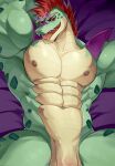  abs alligatorid anthro areola balls bed chung0_0 crocodilian eyewear eyewear_on_head five_nights_at_freddy&#039;s five_nights_at_freddy&#039;s:_security_breach furniture genitals green_body hair hand_behind_head hi_res male mohawk montgomery_gator_(fnaf) muscular muscular_anthro muscular_male nipples nude on_bed open_mouth pecs penis penis_base red_eyes red_hair reptile scalie scottgames sharp_teeth shoulder_guards solo sunglasses sunglasses_on_head teeth video_games 