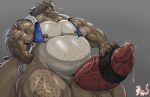  anthro balls belly big_balls big_belly big_muscles big_pecs big_penis bodily_fluids bottomless brown_body clothed clothing dragon erection genital_fluids genitals grey_hair hair hi_res horn huge_balls huge_muscles huge_penis hyper hyper_balls hyper_genitalia hyper_penis improvised_sex_toy male masterelrest mostly_nude muscular muscular_anthro muscular_male nipples overweight overweight_anthro overweight_male pecs penis precum scalie senex solo tire tools 