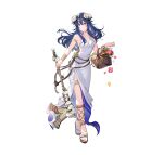  1girl absurdres axe bangs bare_shoulders basket battle_axe blue_eyes blue_hair bracelet breasts closed_mouth commentary_request dress fire_emblem fire_emblem_awakening fire_emblem_heroes flower full_body hair_ornament highres holding holding_weapon jewelry long_dress long_hair looking_at_viewer lucina_(fire_emblem) official_art riz3 simple_background sleeveless sleeveless_dress small_breasts smile solo standing thigh_strap toeless_footwear toes weapon white_background white_dress 