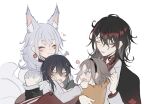  2boys 2girls ^_^ anger_vein animal_ears bangs black_hair black_hairband black_kimono blue_eyes brown_hair closed_eyes collared_shirt eyebrows_visible_through_hair fang fox_ears fox_girl green_eyes grey_hair hair_behind_ear hairband highres holding_person hood hoodie jacket japanese_clothes kimono kuma_(kuma54311) mika_melatika multicolored_hair multiple_boys multiple_girls multiple_tails mysta_rias nijisanji nijisanji_en nijisanji_id nina_kosaka off_shoulder open_mouth orange_hoodie red_hair red_shirt shirt streaked_hair tail tongue tongue_out v-shaped_eyebrows virtual_youtuber vox_akuma white_background white_jacket younger 