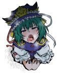  1girl bangs blue_eyes blue_vest blush eyebrows_visible_through_hair flat_chest frills from_above furrowed_brow gold_trim green_hair hair_between_eyes half-closed_eyes hat head_tilt henriiku_(ahemaru) looking_at_viewer medium_hair open_mouth oral_invitation saliva seiza shiki_eiki simple_background sitting sleeves_past_wrists solo tongue tongue_out touhou uvula vest white_background 